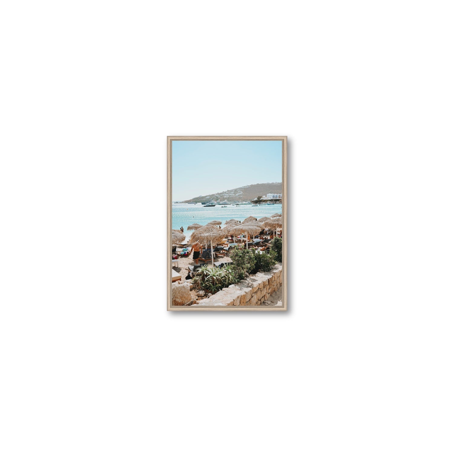 Beachside Huts Mykonos Greek island wall art Small fine art canvas in natural oak float frame