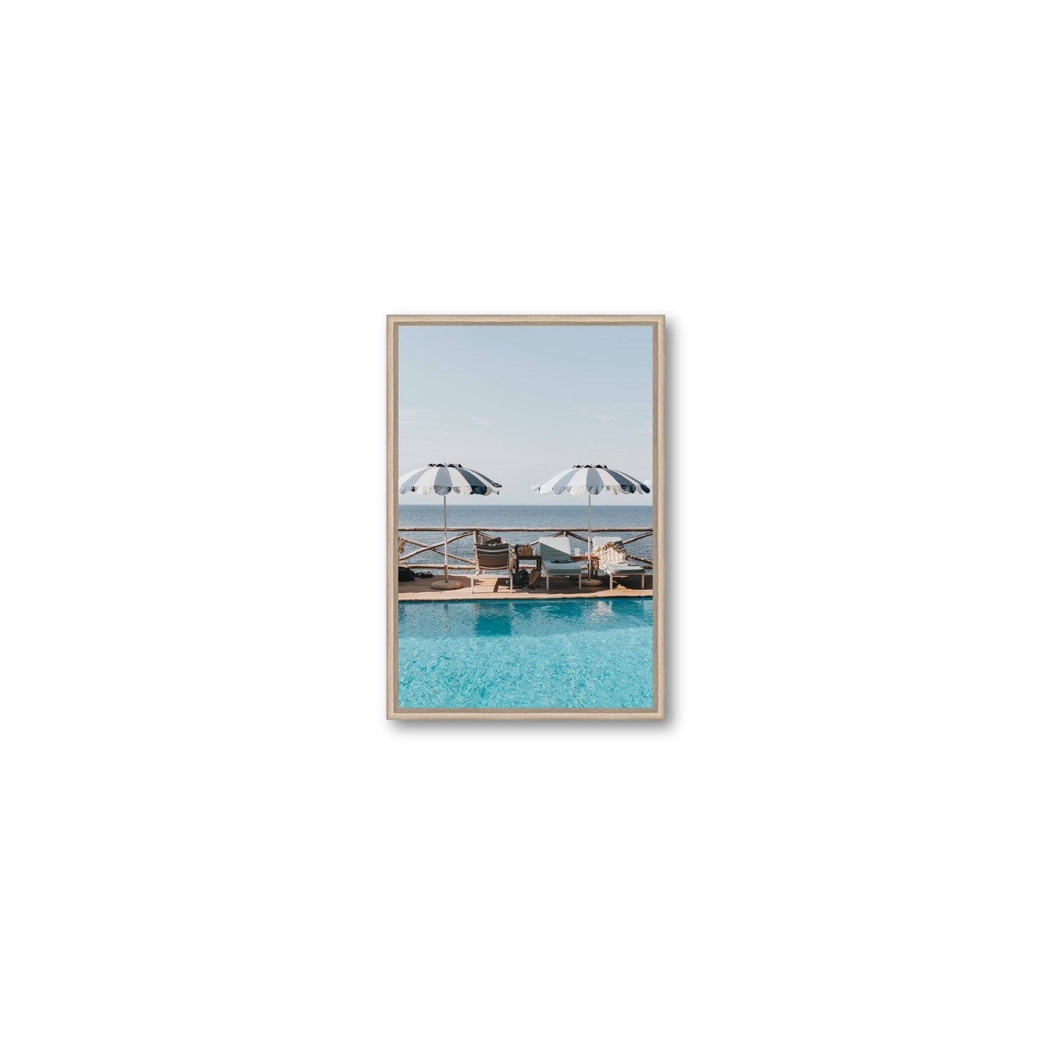 Beach Retreat fine art print, Ischia, Italy, european beach clubs artwork, Small, Natural Oak Float Frame, Fine Art Canvas