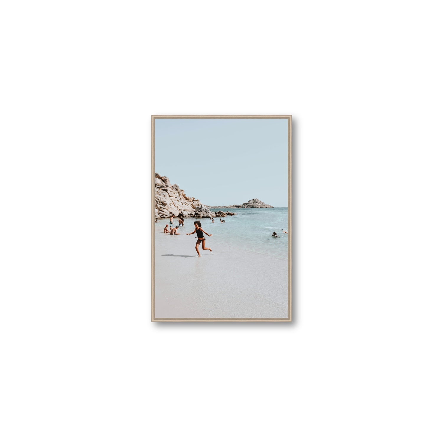 Skipping Angel Mykonos Greek island decor wall art Medium fine art canvas in natural oak float frame
