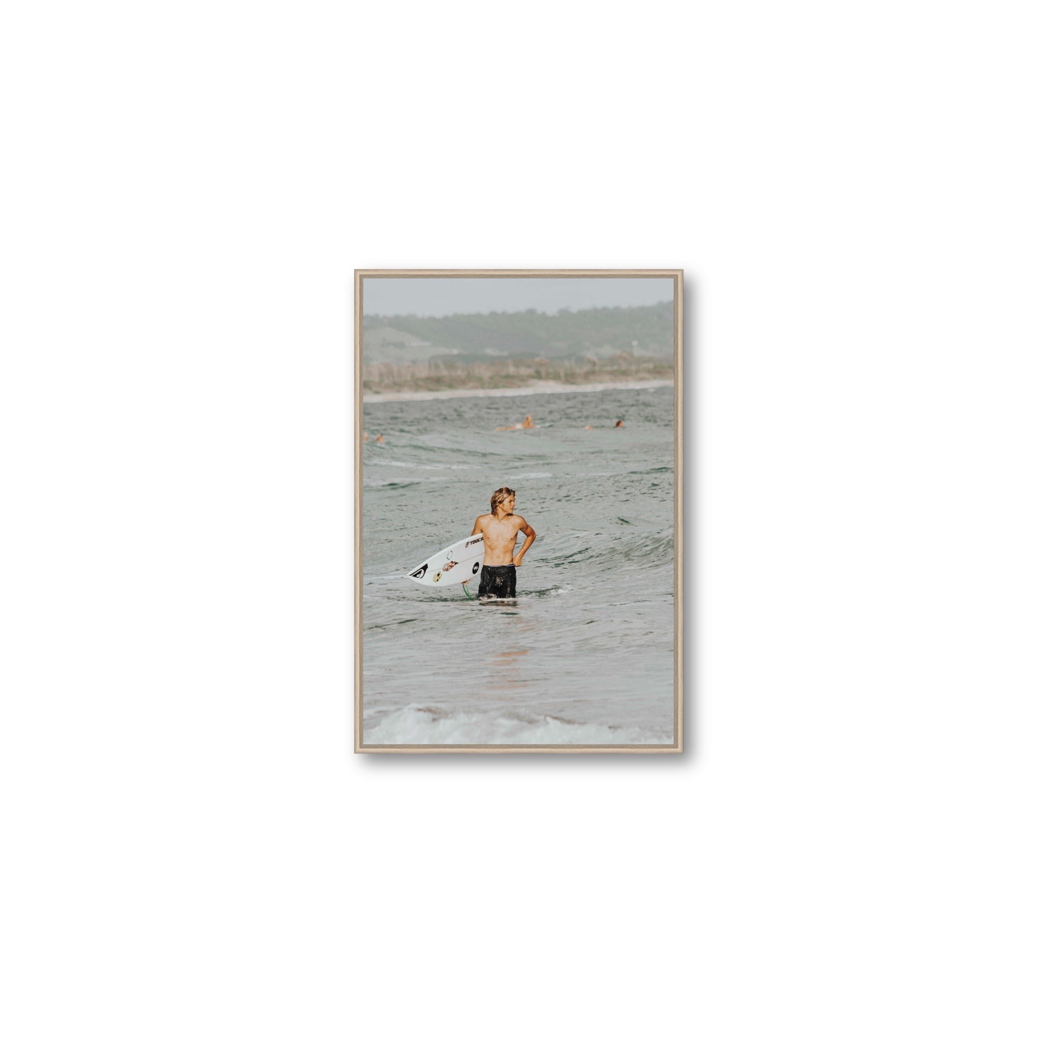Chasing Mavericks Byron Bay Surf coastal wall art Medium fine art canvas in natural oak float frame