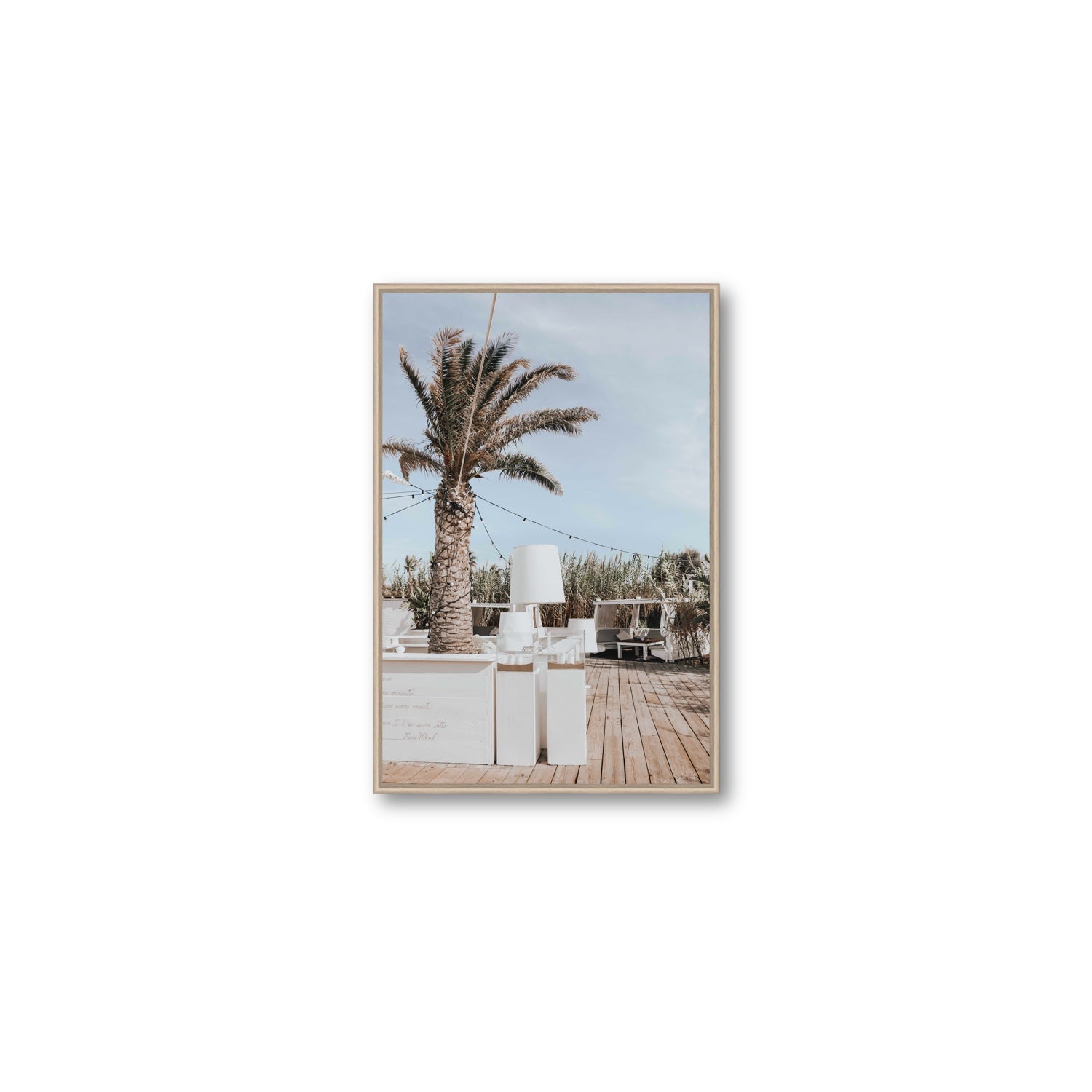 Seabreeze Palm Puglia coastal beach wall art Medium fine art canvas in natural oak float frame