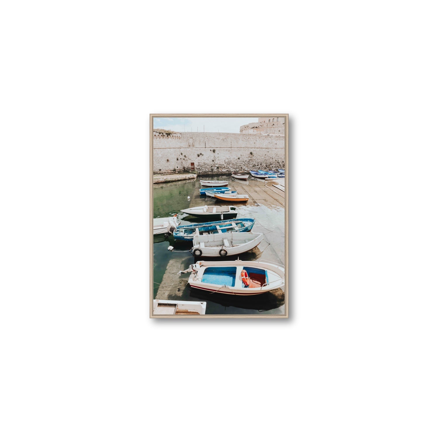 Harbour Palette Puglia coastal photography wall art Medium fine art canvas in natural oak float frame