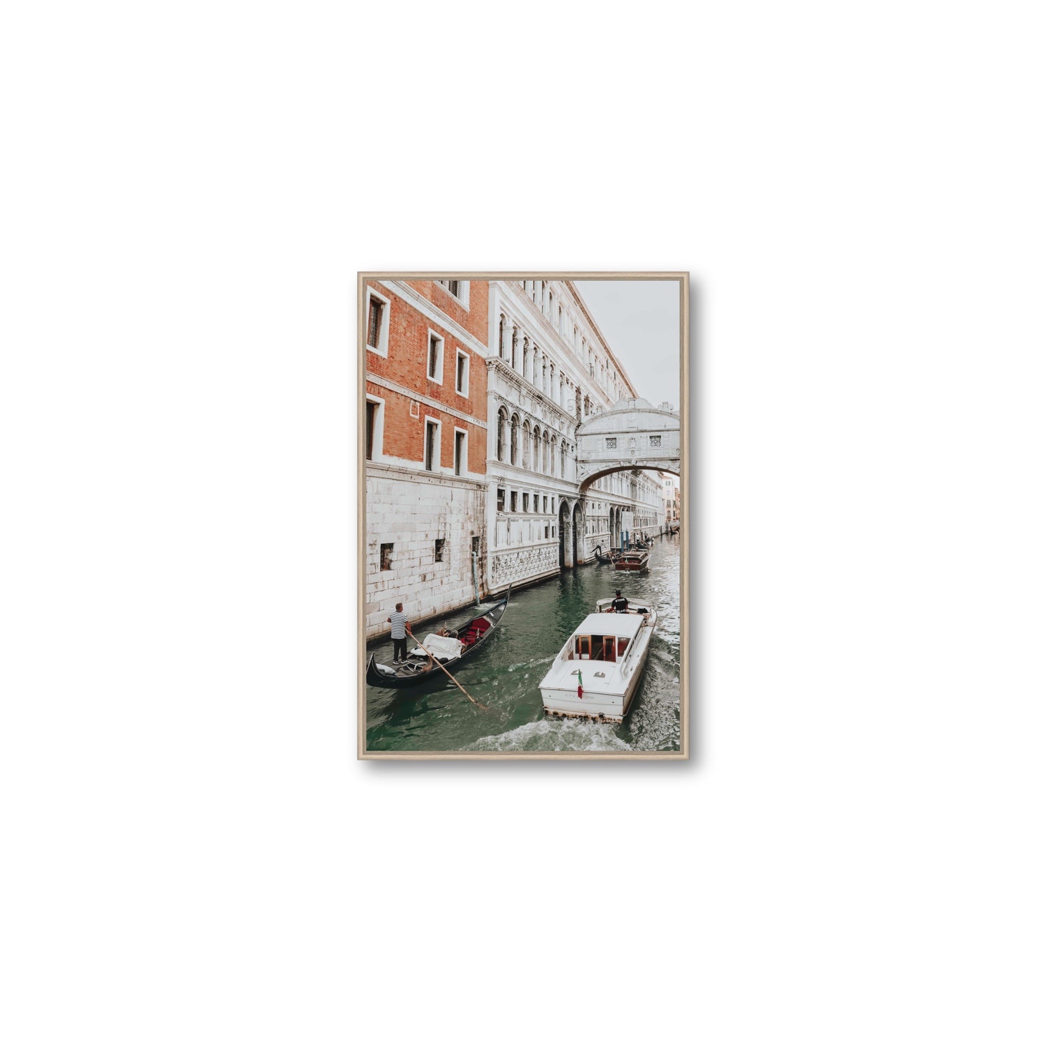 Under the Bridge Venice Gondola Italian wall art Medium fine art canvas in natural oak float frame