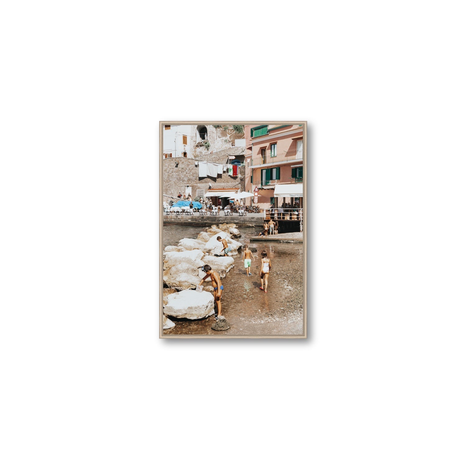 The Beachcombers Sorrento beach coastal wall art Medium fine art canvas in natural oak float frame