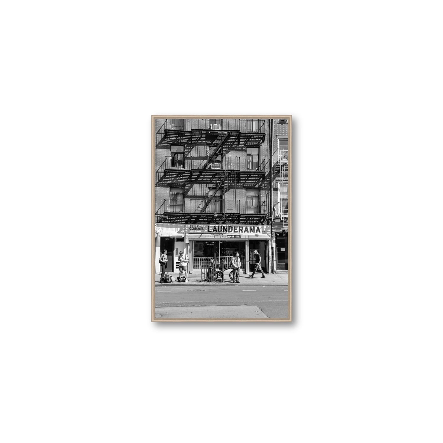 Bus Stop New York NYC Black & White wall art Medium fine art canvas in natural oak float frame