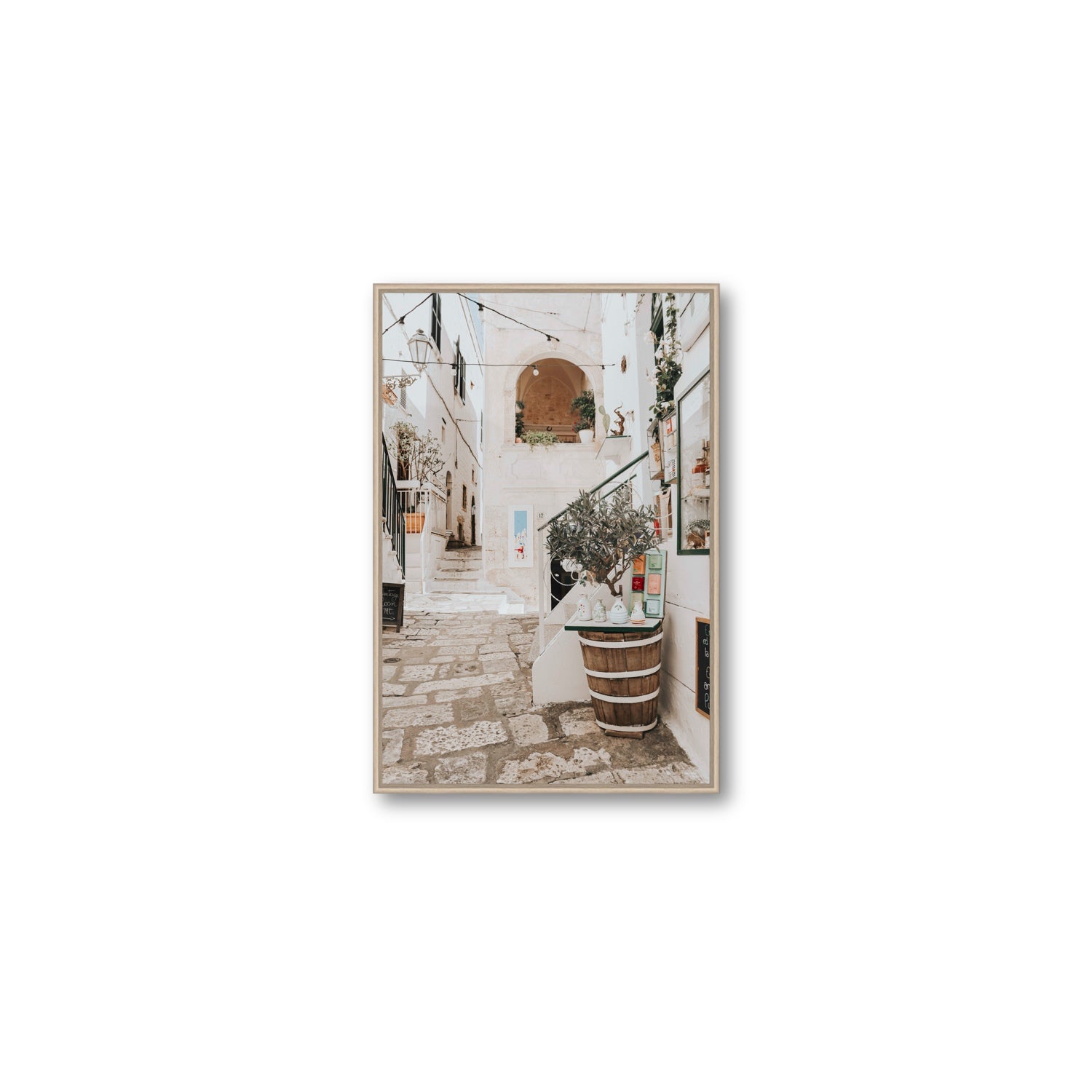 Olive Tree Lane Puglia Ostuni Mediterranean decor wall art Medium fine art canvas in natural oak float frame