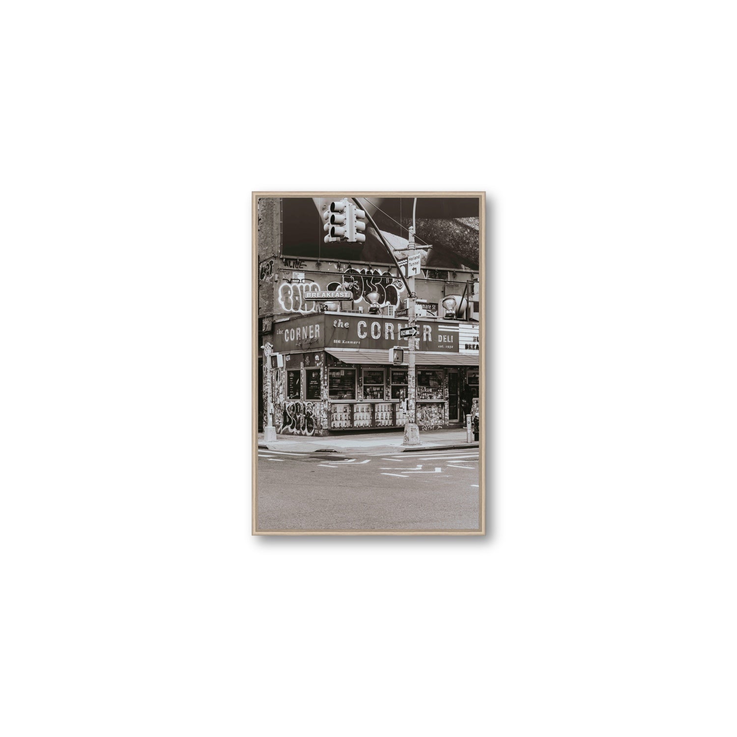 Soho Deli New York NYC Black & White wall art Medium fine art canvas in natural oak float frame