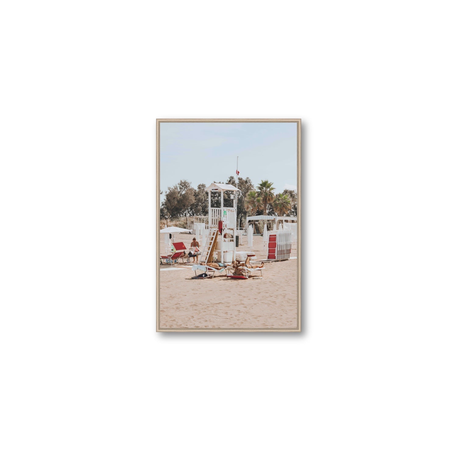 Red Lounge Reverie Puglia beach coastal wall art Medium fine art canvas in natural oak float frame