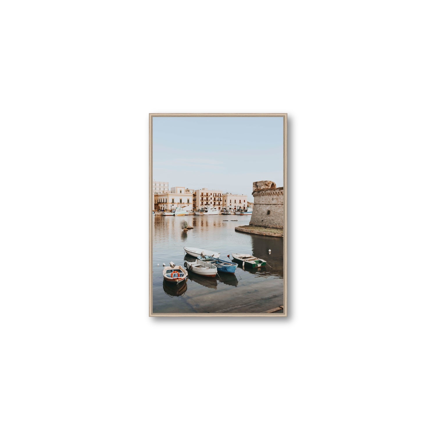 Gallipoli Harbour Puglia coastal wall art Medium fine art canvas in natural oak float frame
