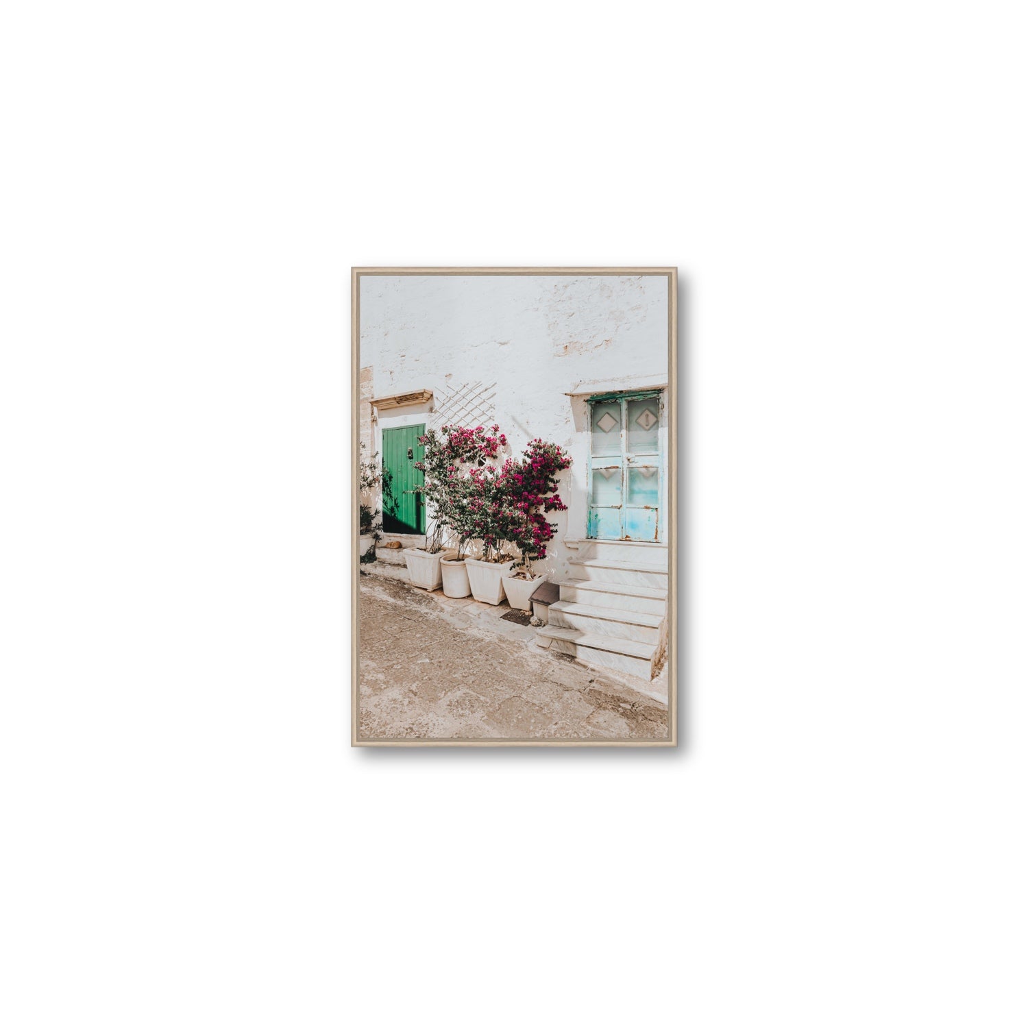 Floral Canvas Puglia Ostuni wall art Medium fine art canvas in natural oak float frame