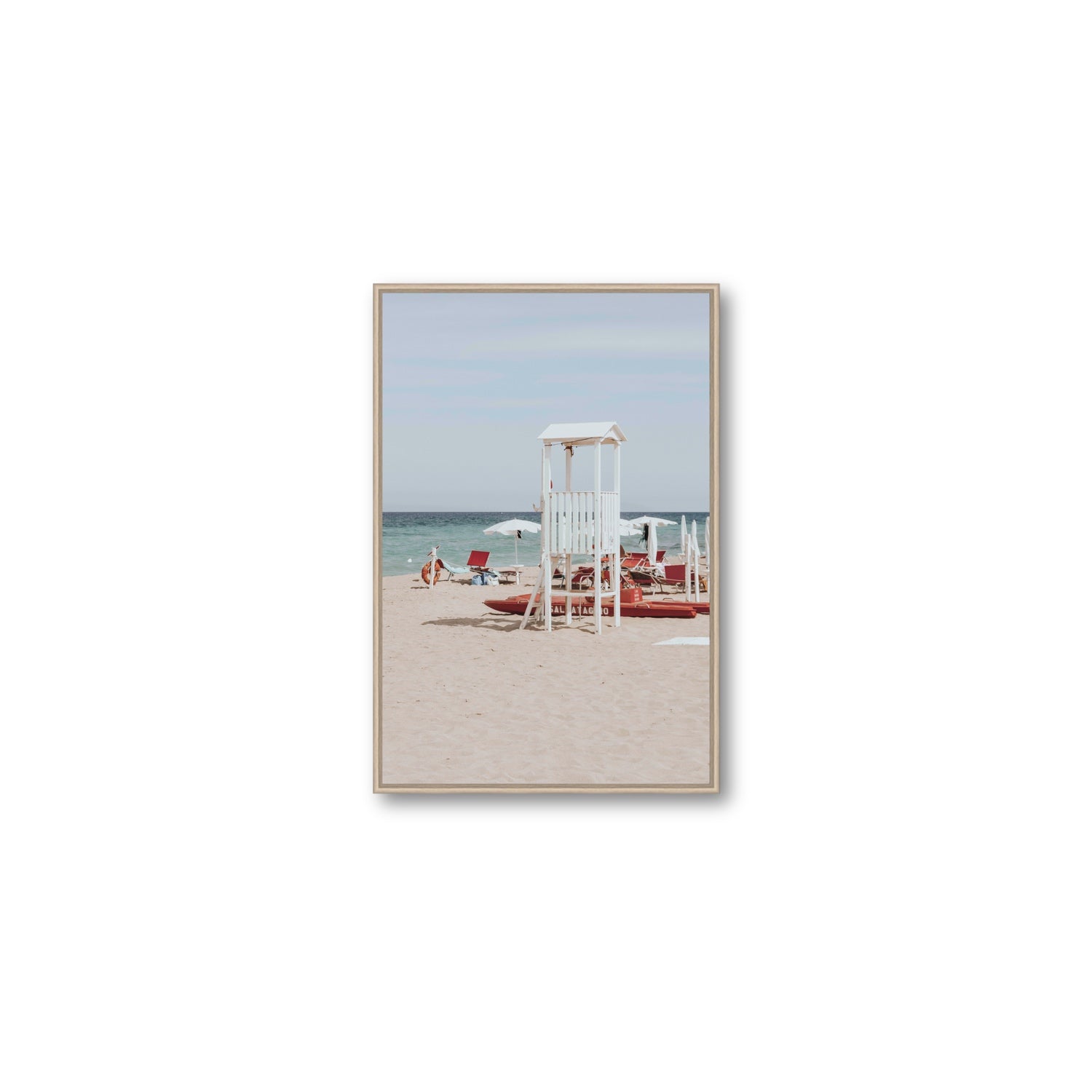 Barefoot Bliss Puglia beach Italian coastal decor wall art Medium fine art canvas in natural oak float frame