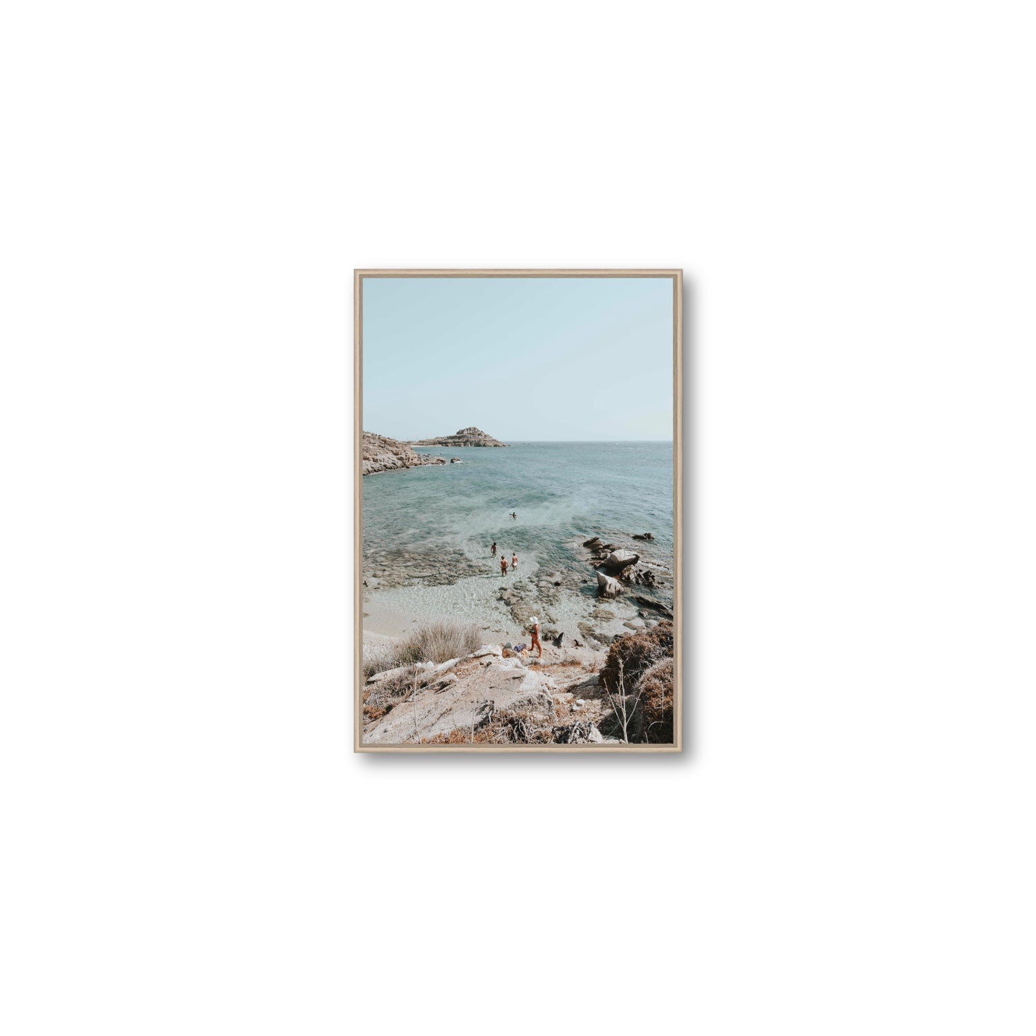 Explorers Mykonos Greek island wall art Medium fine art canvas in natural oak float frame
