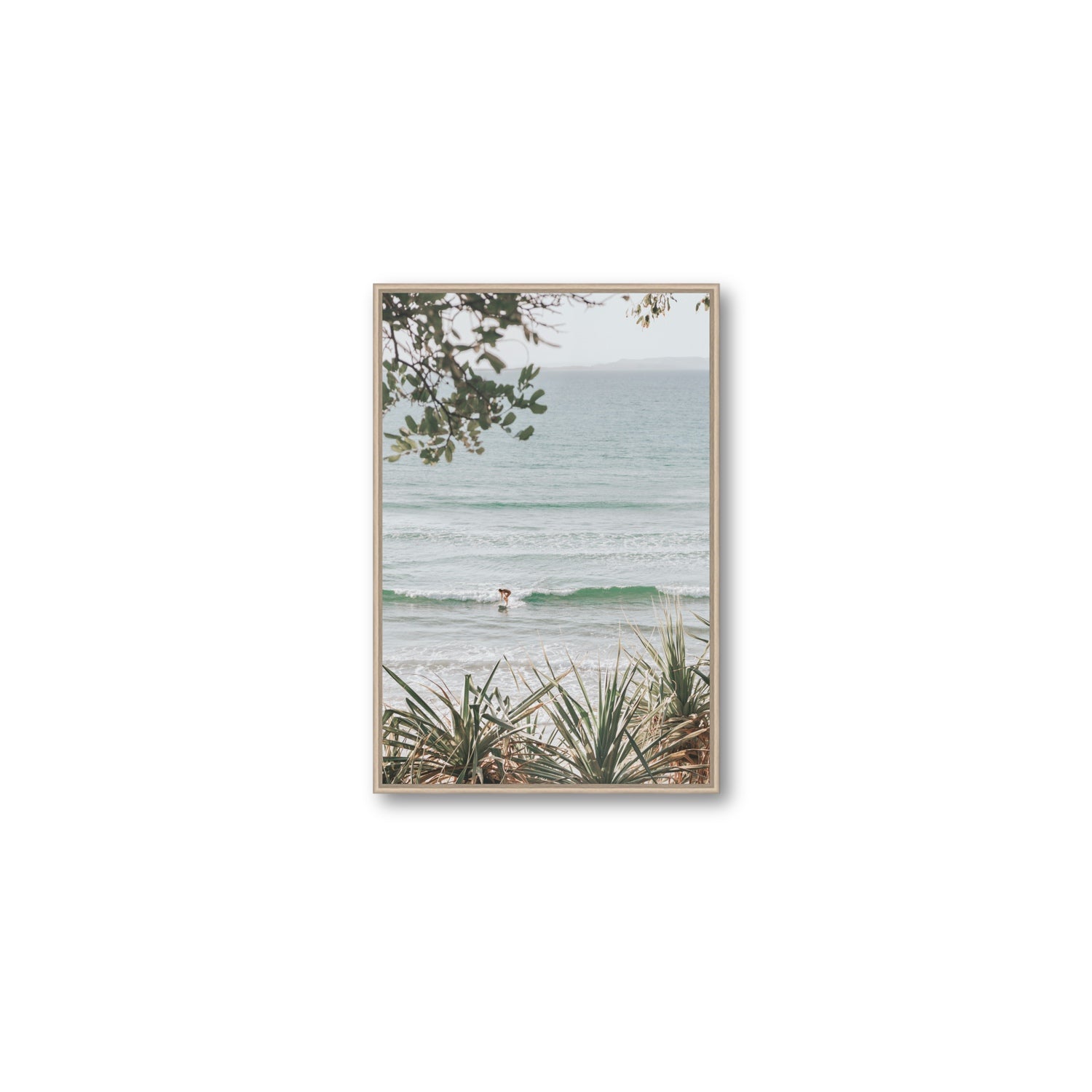Dream Boat fine art print, Noosa, Australia, coastal scenes artwork, Medium, Natural Oak Float Frame, Fine Art Canvas