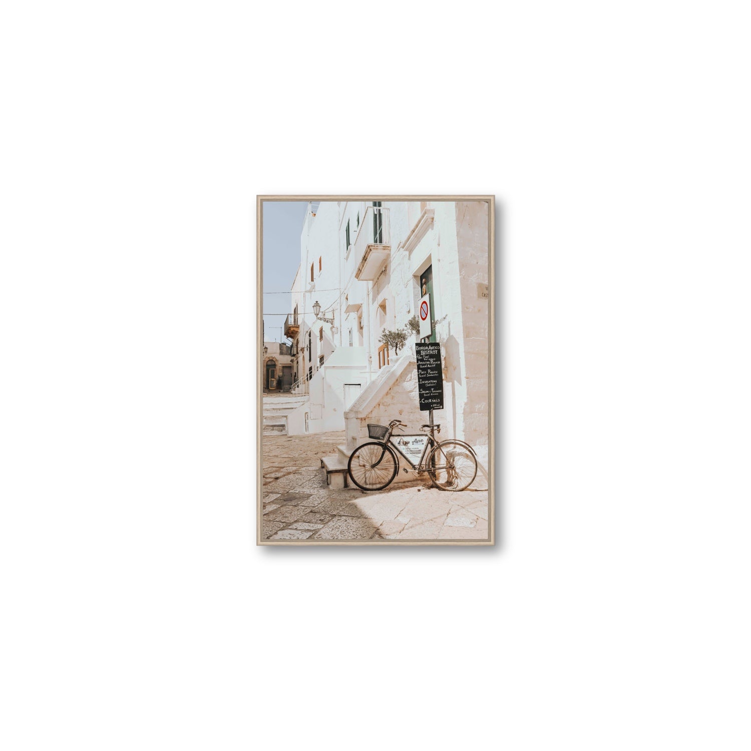 La Bicicletta Puglia Ostuni wall art Medium fine art canvas in natural oak float frame