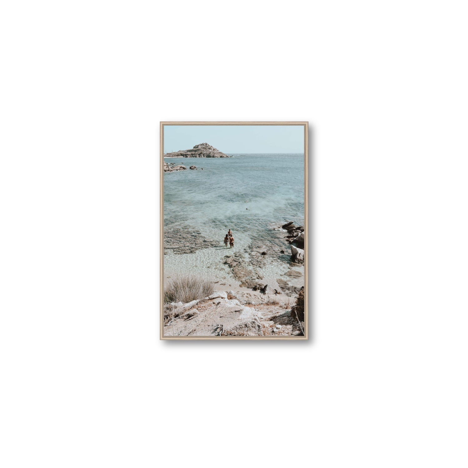 Island Life Mykonos coastal Greek island wall art Medium fine art canvas in natural oak float frame