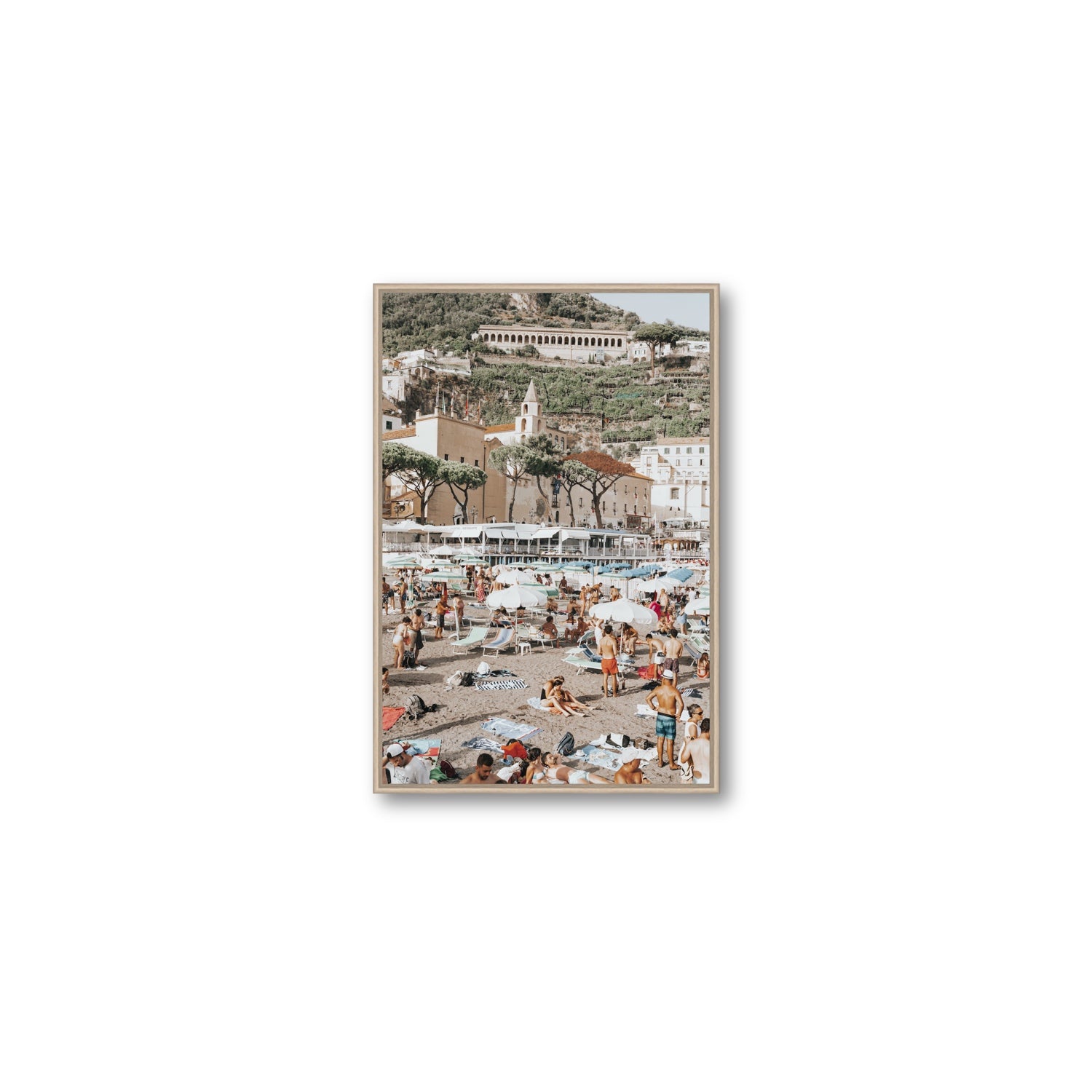 Festa In Spiaggia Amalfi coastal wall art Medium fine art canvas in natural oak float frame