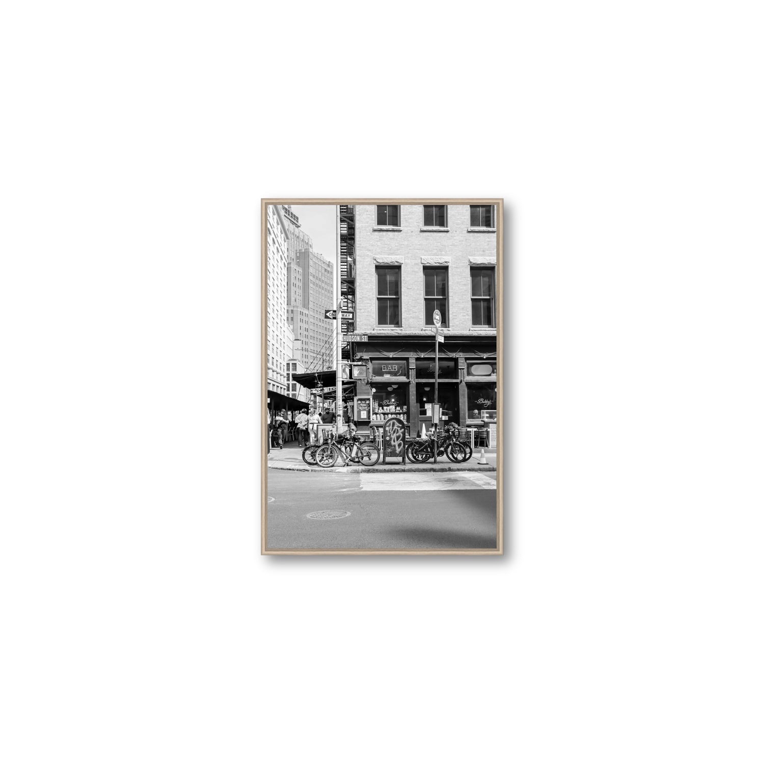 Bites Of The Big Apple New York NYC Black & White wall art Medium fine art canvas in natural oak float frame