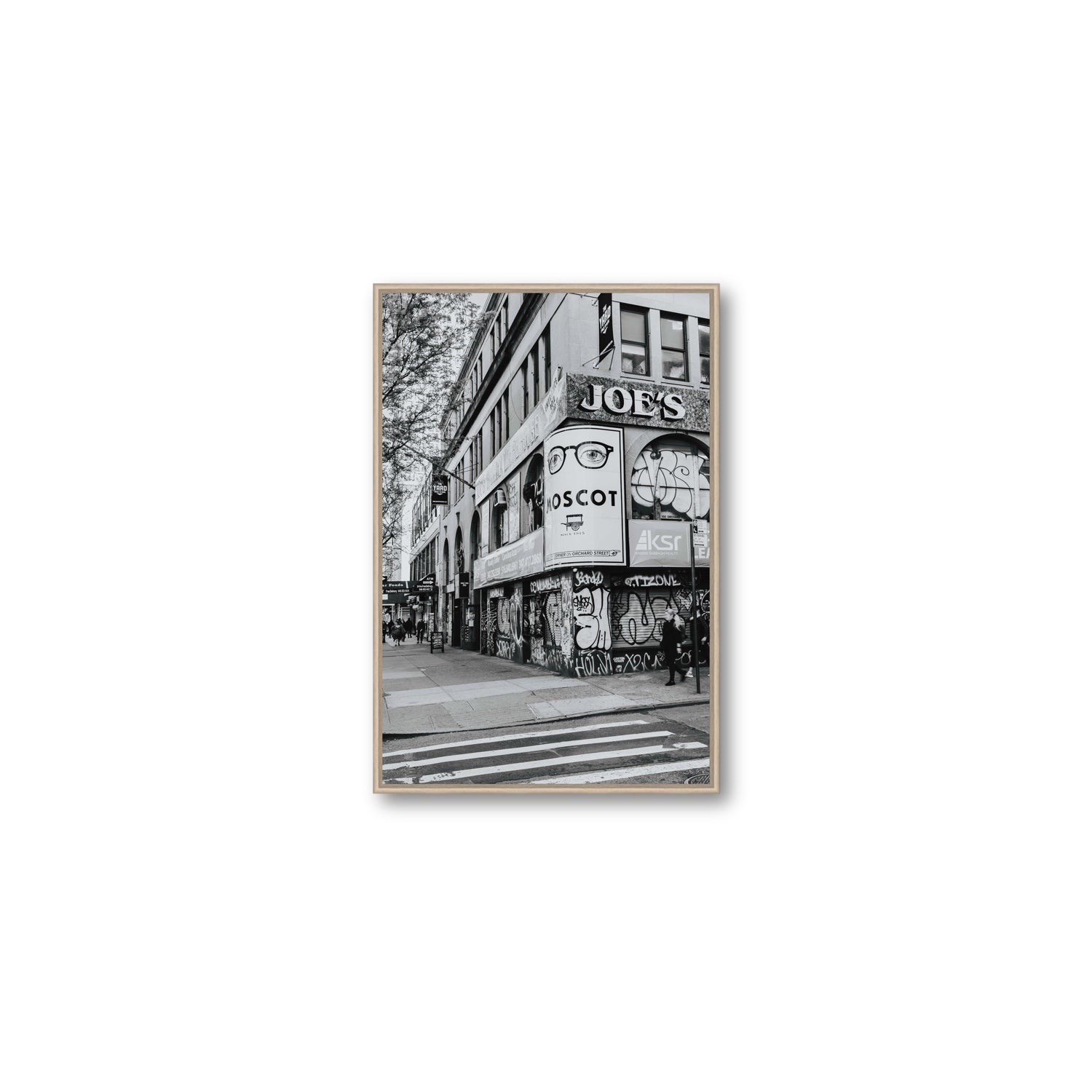 Lower East Side Murals New York NYC Black & White wall art Medium fine art canvas in natural oak float frame