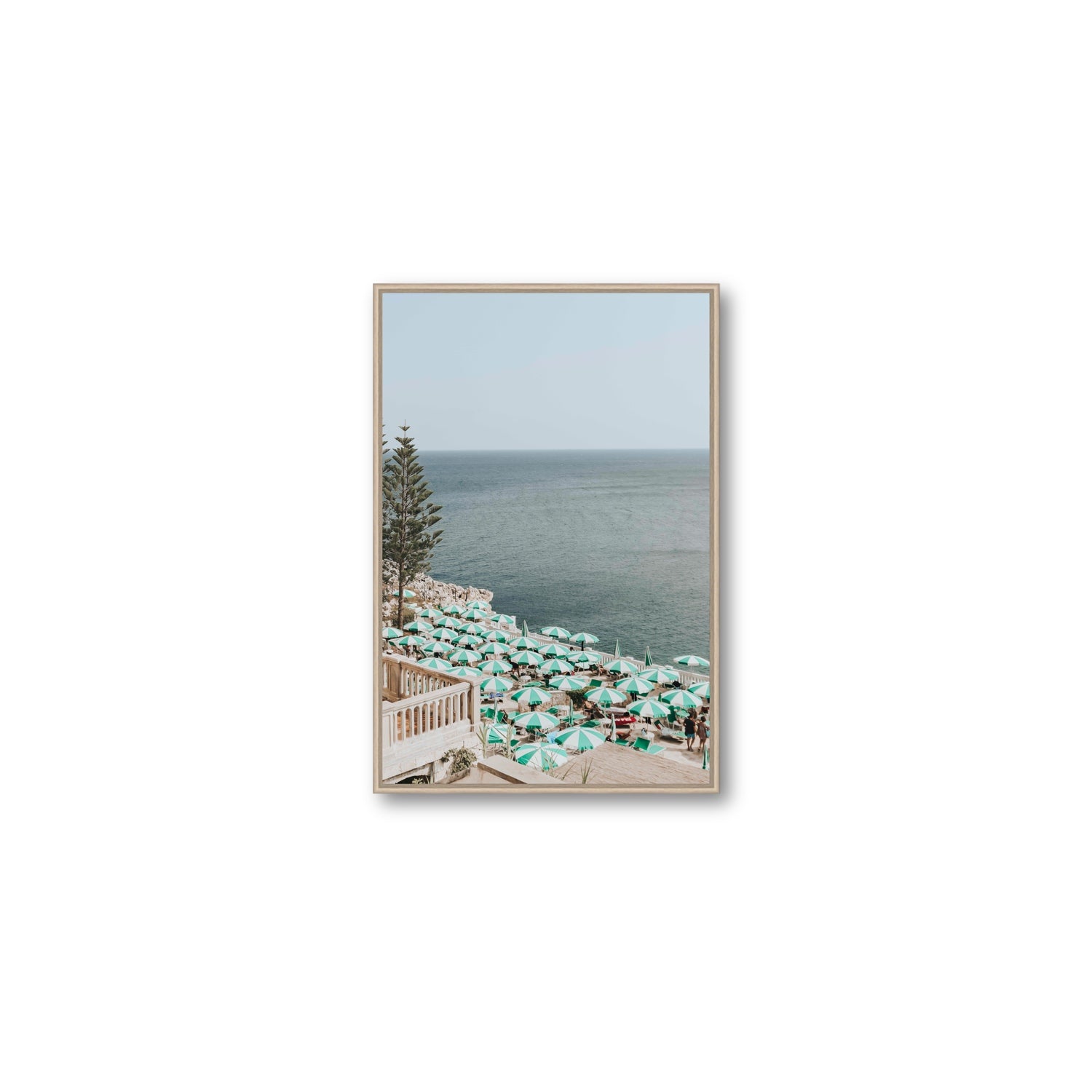Sun-drenched Stripes Puglia beach coastal wall art Medium fine art canvas in natural oak float frame