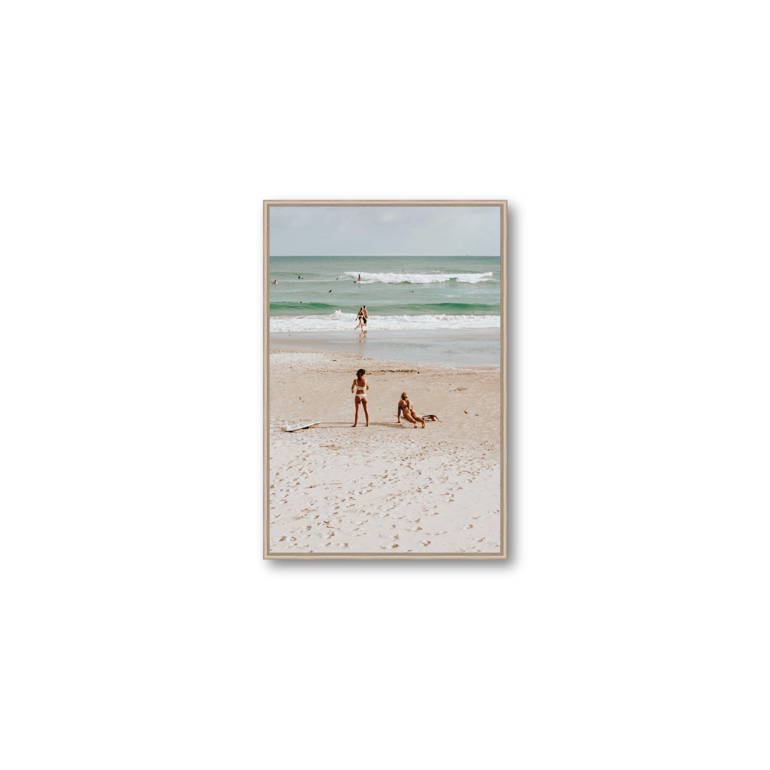 Gidget & Betty Byron Bay beach coastal wall art Medium fine art canvas in natural oak float frame