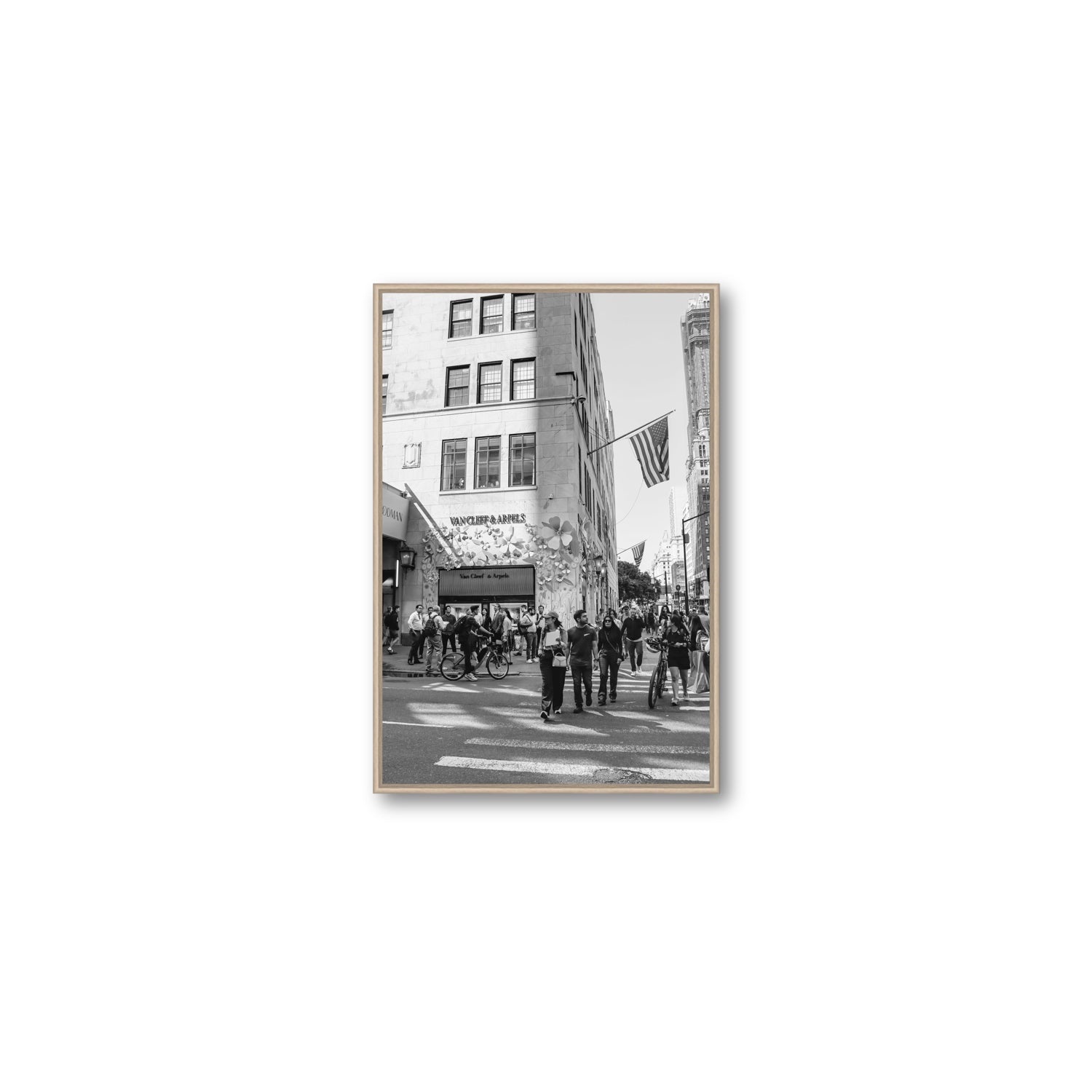 Sidewalk Shuffle New York NYC Black & White wall art Medium fine art canvas in natural oak float frame