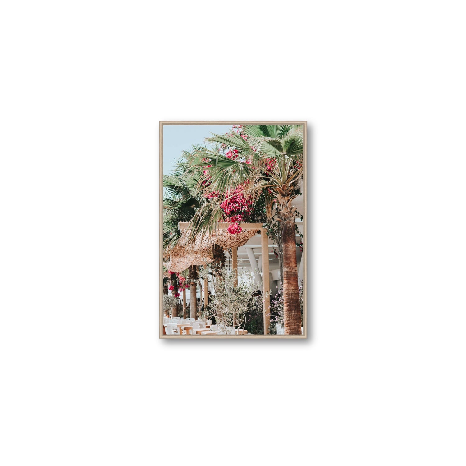 Palm Trees Mykonos Greek island wall art Medium fine art canvas in natural oak float frame