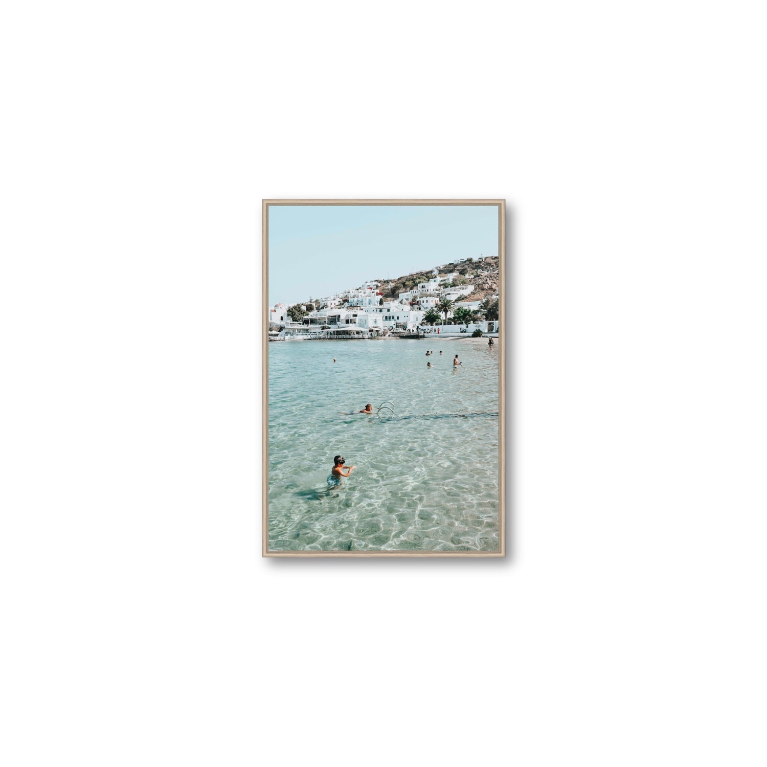 Beside The Seaside Mykonos beach Greek island wall art Medium fine art canvas in natural oak float frame