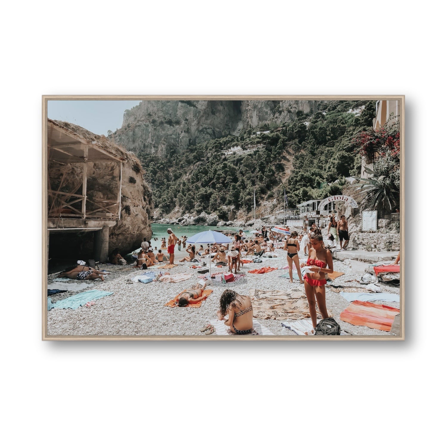 Spiaggia Da Gioia Capri beach coastal wall art Statement fine art canvas in natural oak float frame