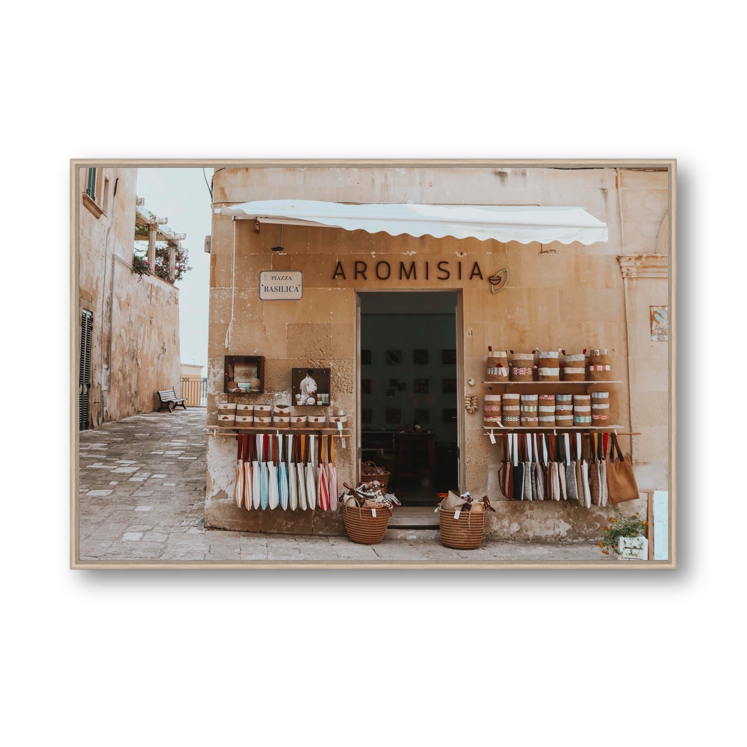 Aromisia Puglia Otranto Italian wall art Statement fine art canvas in natural oak float frame