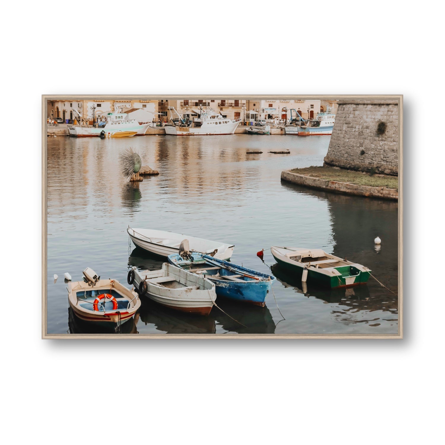Cinque Barche Puglia Gallipoli Italian art print Statement fine art canvas in natural oak float frame