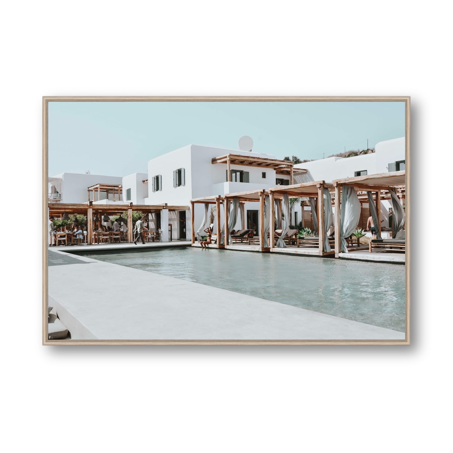 Polytelís Mykonos Greek island wall art Statement fine art canvas in natural oak float frame