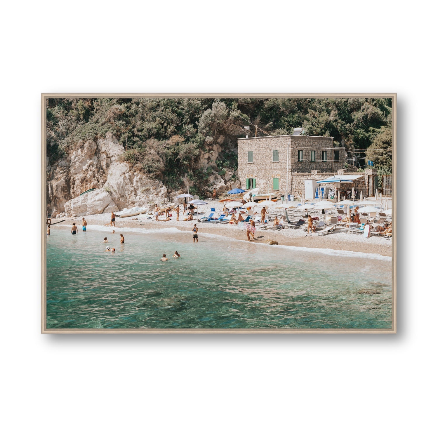 Secluded Sanctuary Nerano Italian Mediterranean decor wall art Statement fine art canvas in natural oak float frame
