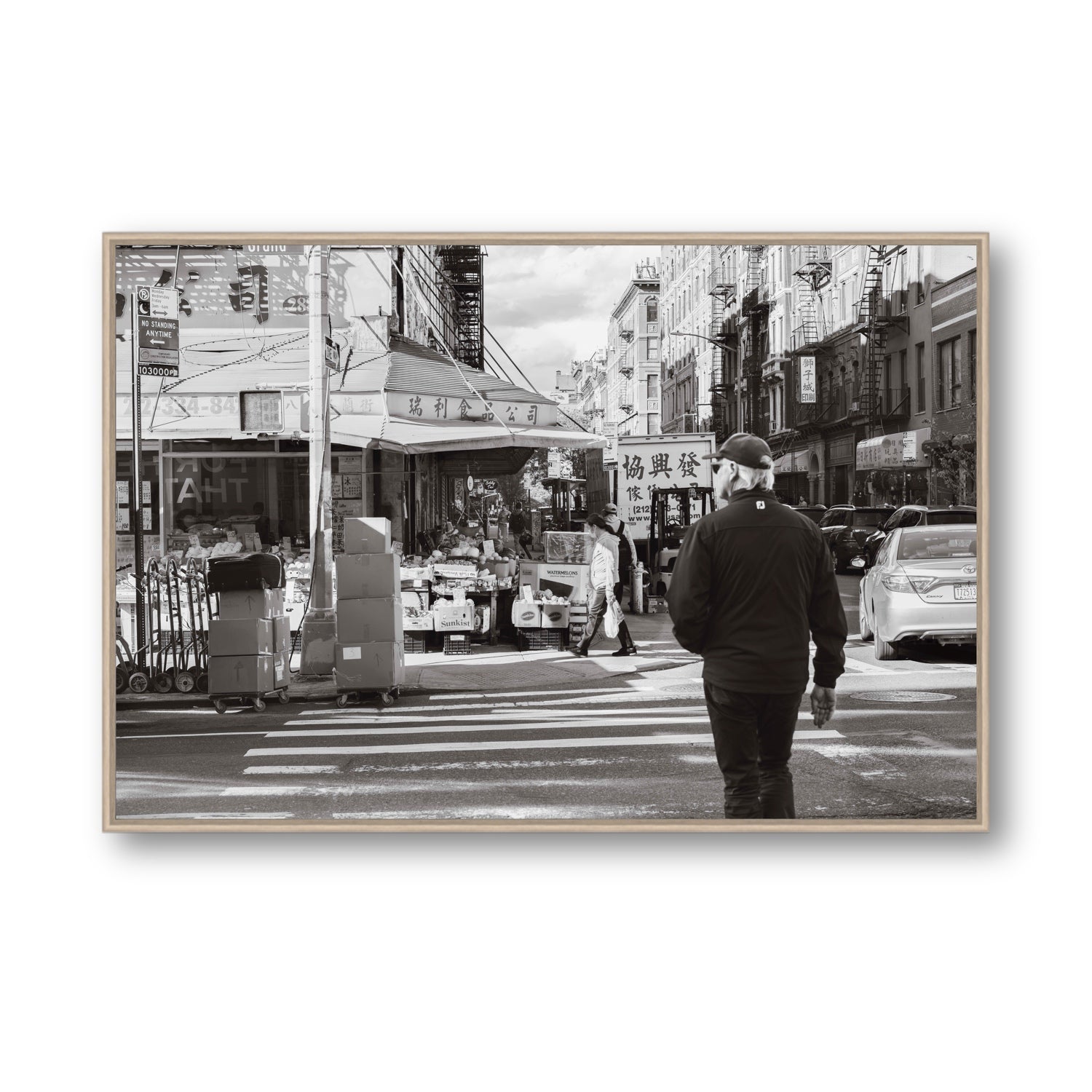 Chinatown New York NYC Street wall art Statement fine art canvas in natural oak float frame