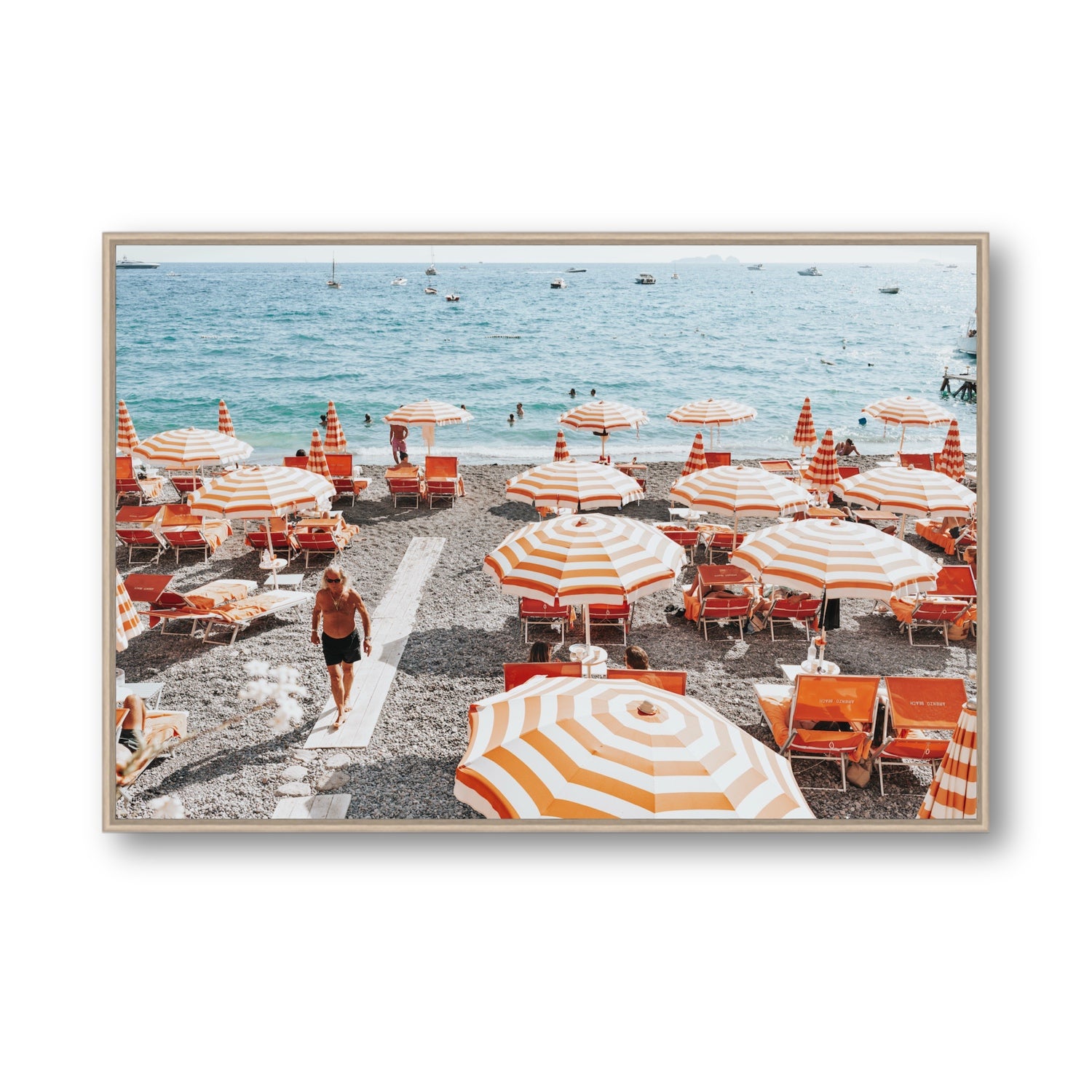 Shoreline Strut Positano wall art Statement fine art canvas in natural oak float frame