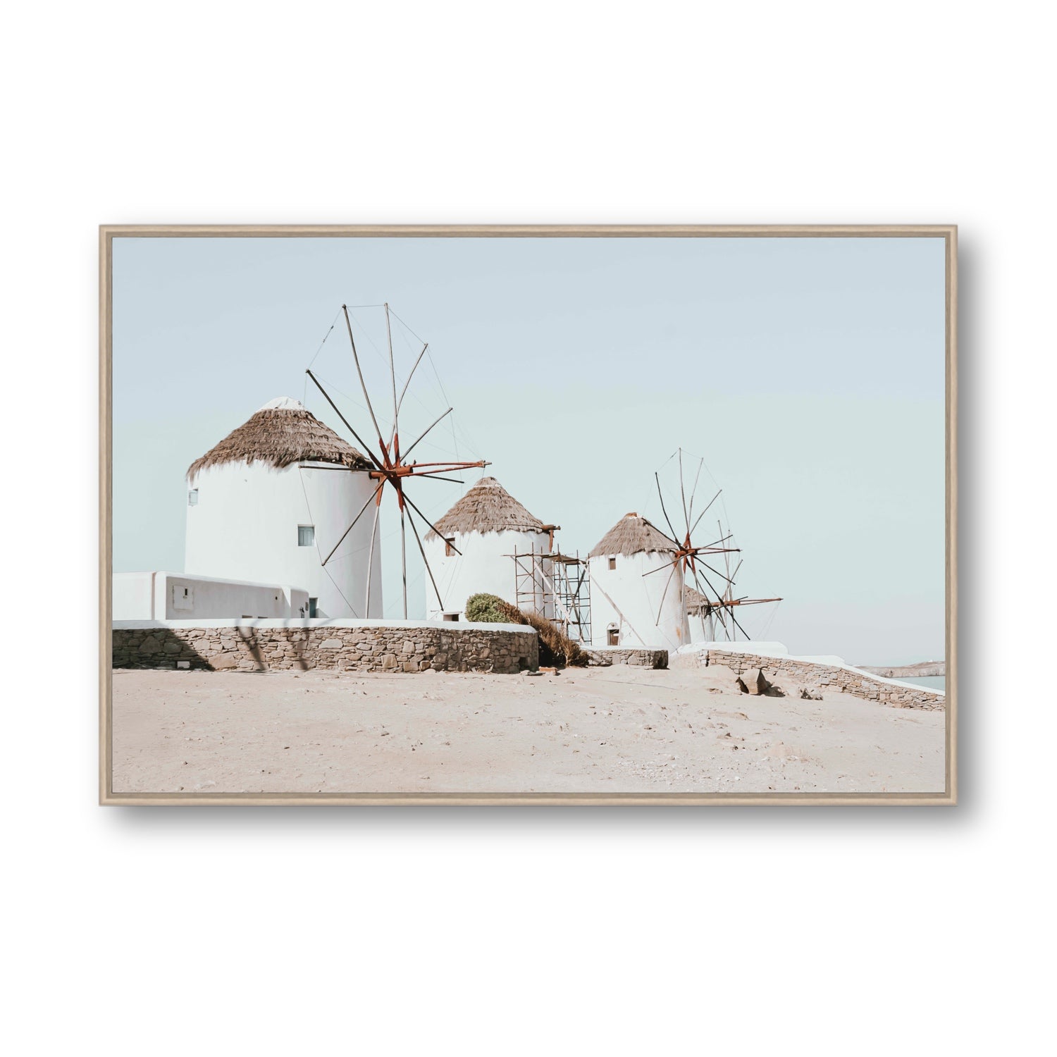 Rustic Icons Mykonos Greek island wall art Statement fine art canvas in natural oak float frame
