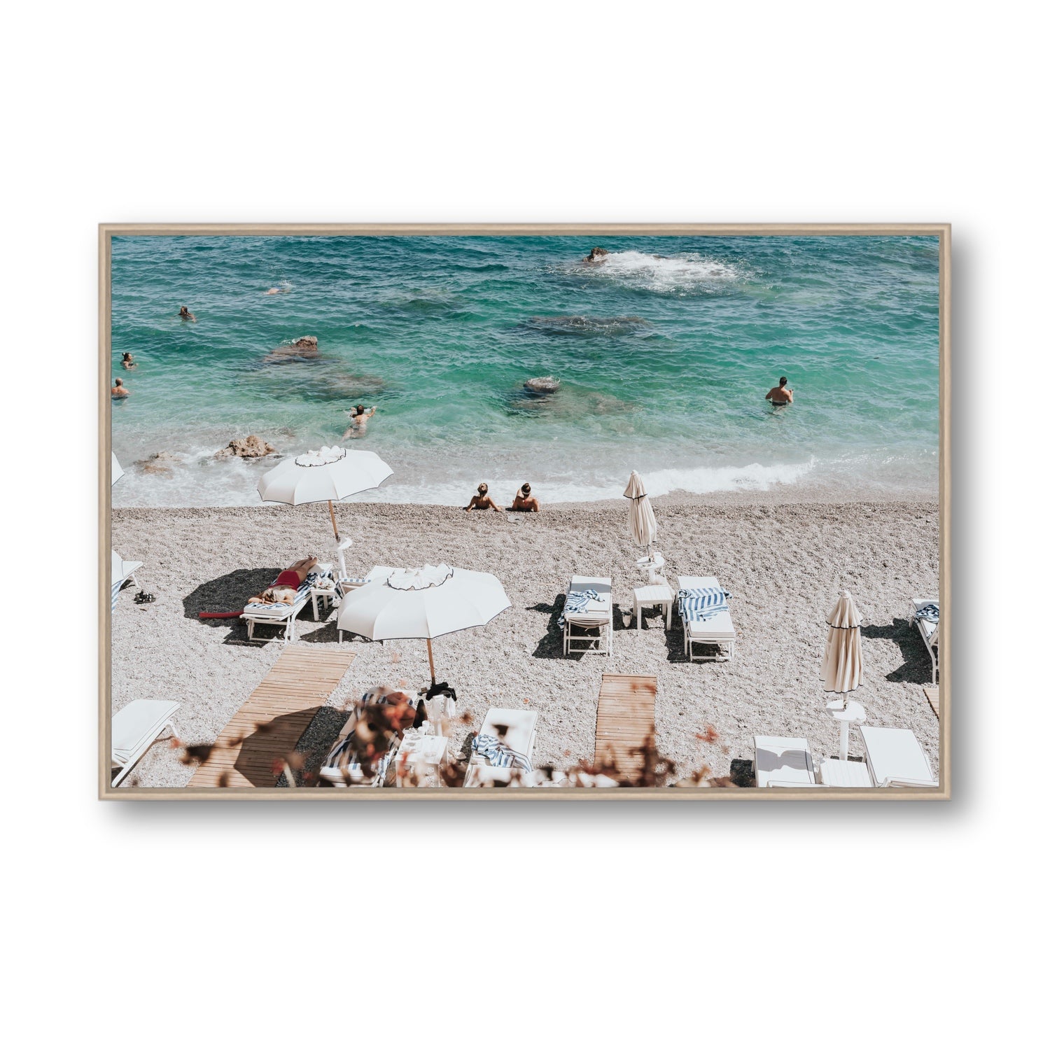 Amicizia Amalfi Italian beach wall art Statement fine art canvas in natural oak float frame