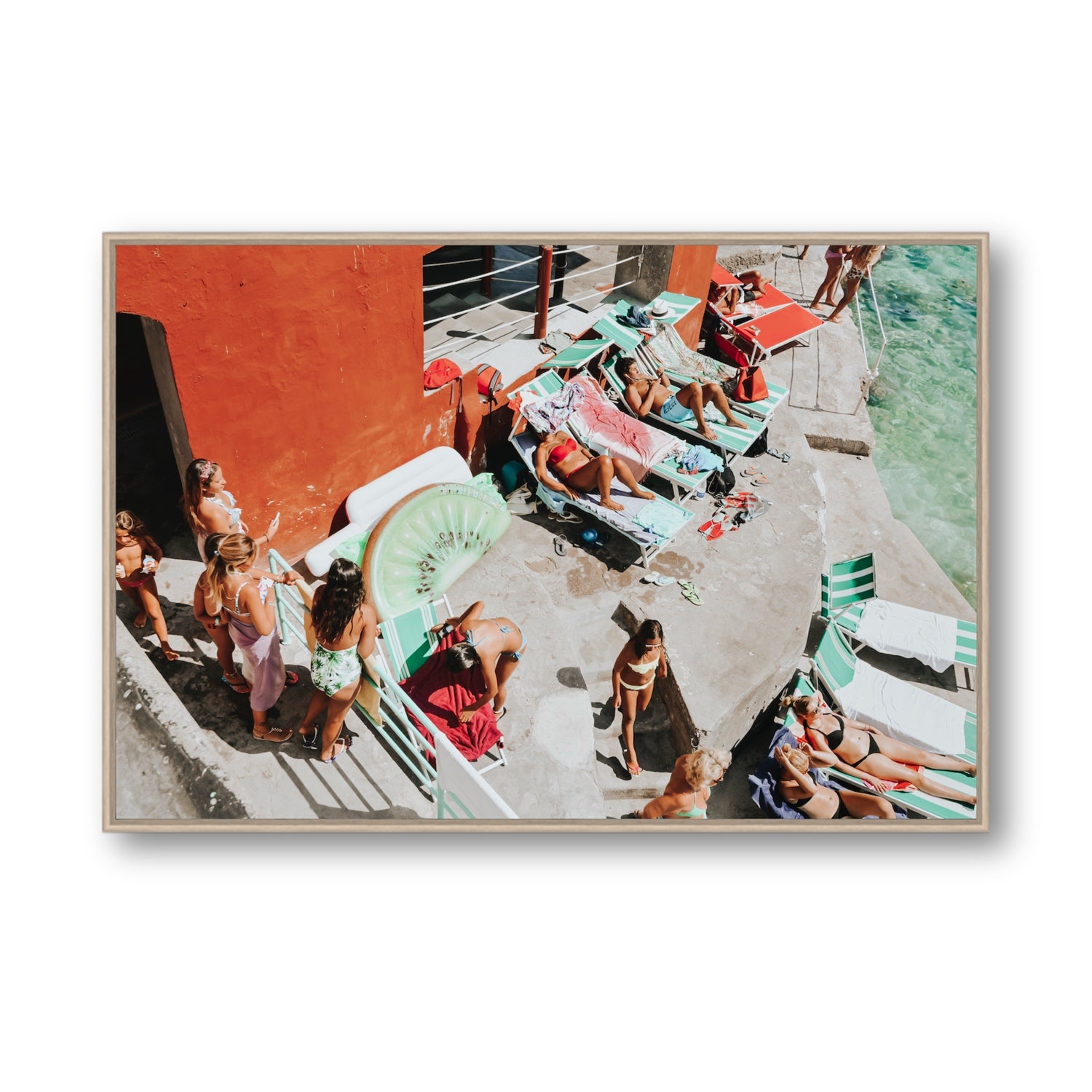Italianita Capri beach Mediterranean wall art Statement fine art canvas in natural oak float frame