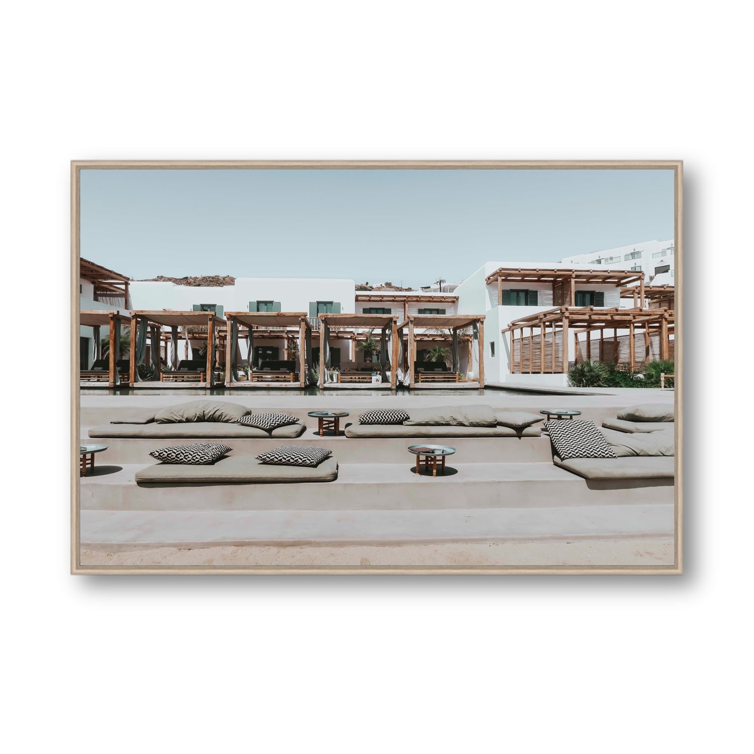 Platis Gialos fine art print, Mykonos, Greece, Statement, Natural Oak Float Frame, Fine Art Canvas