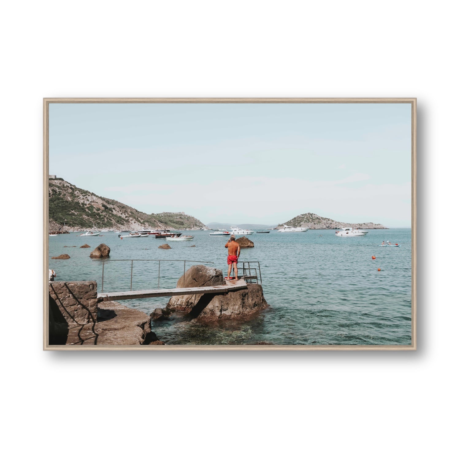 Out Of Office Tuscany coastal Italian wall art Statement fine art canvas in natural oak float frame