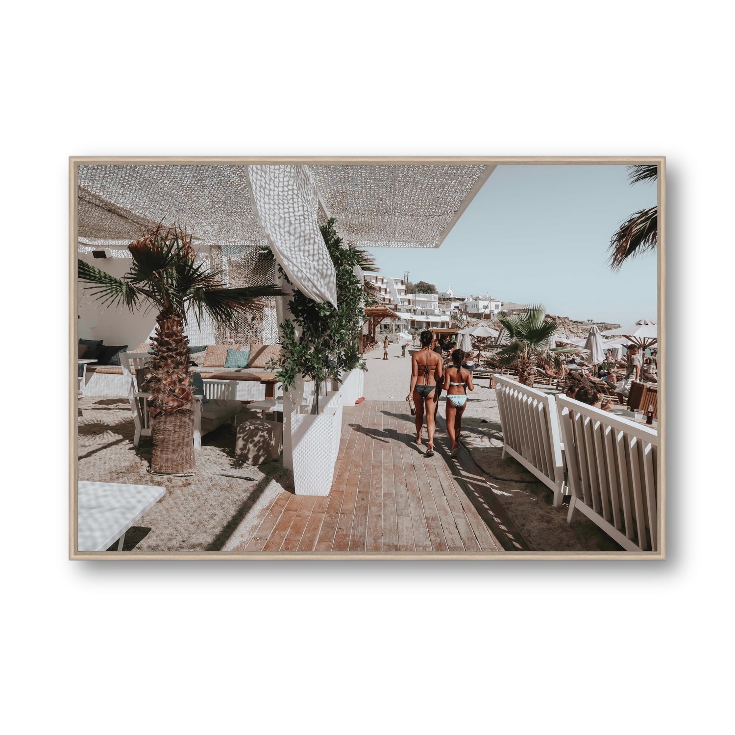 Mitera Kori Mykonos Greek island wall art Statement fine art canvas in natural oak float frame