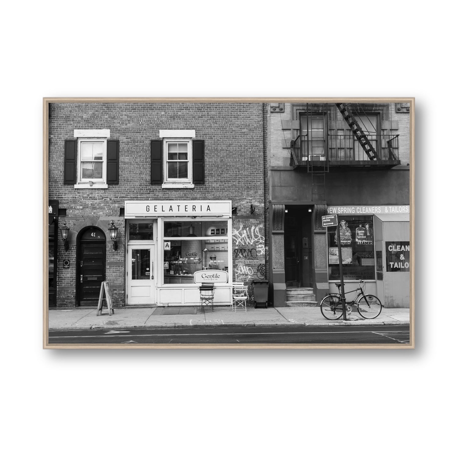 West Village Dolcezza New York NYC Black & White wall art Statement fine art canvas in natural oak float frame