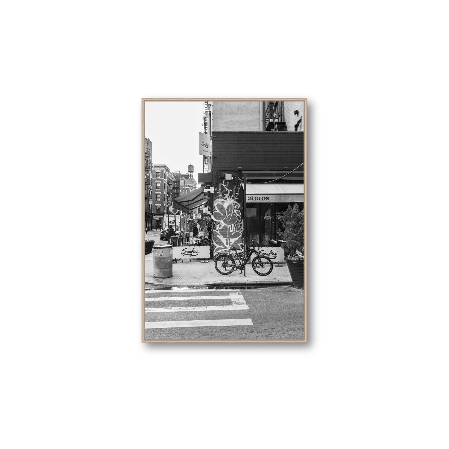 Cafe Canvas New York NYC Black & White wall art Large fine art canvas in natural oak float frame