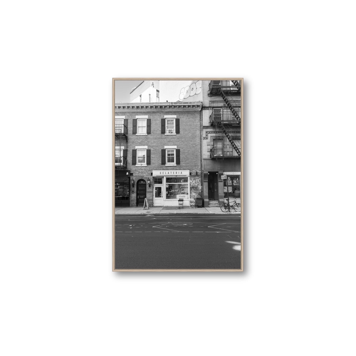 Gelateria New York NYC Black & White wall art Large fine art canvas in natural oak float frame