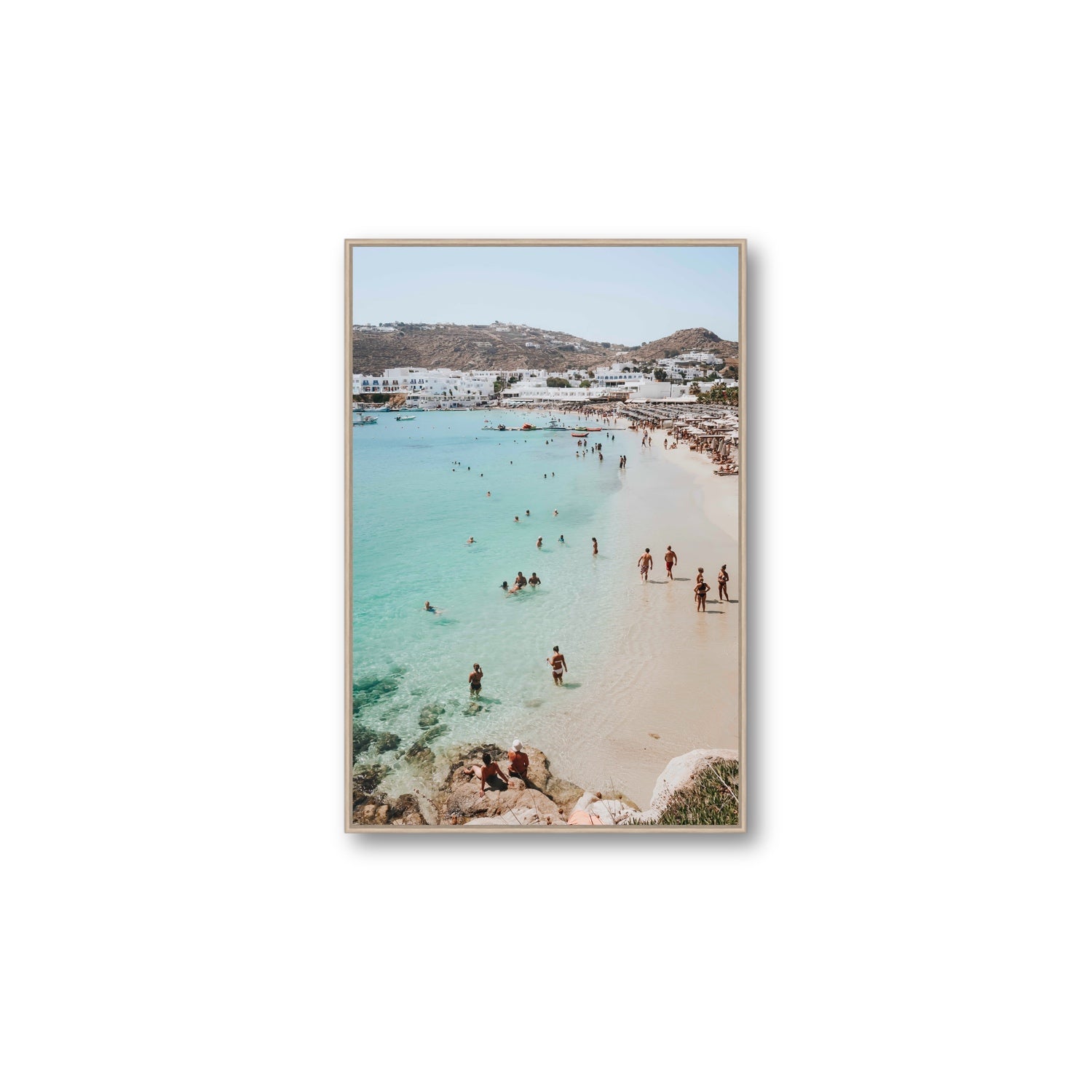 Breathe In The Salty Air Mykonos Greek island wall art Large fine art canvas in natural oak float frame