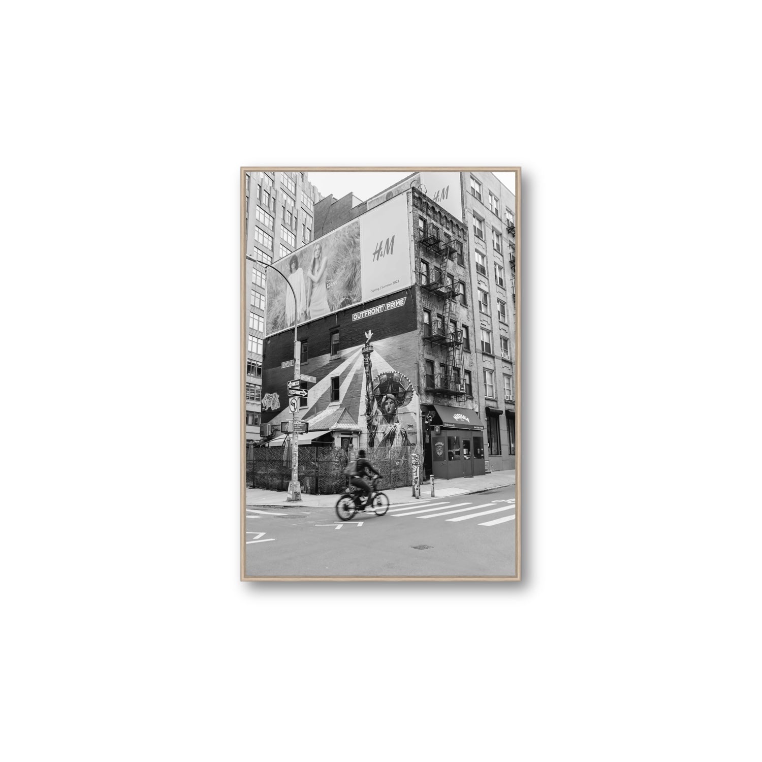 Shadows Of Liberty New York NYC Black & White wall art Large fine art canvas in natural oak float frame