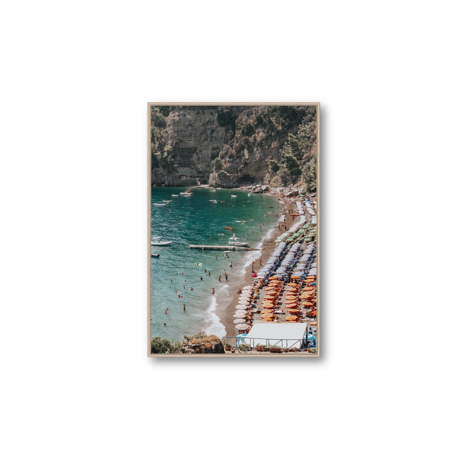 Parasol Panorama fine art print, Positano, Italy, Large, Natural Oak Float Frame, Fine Art Canvas