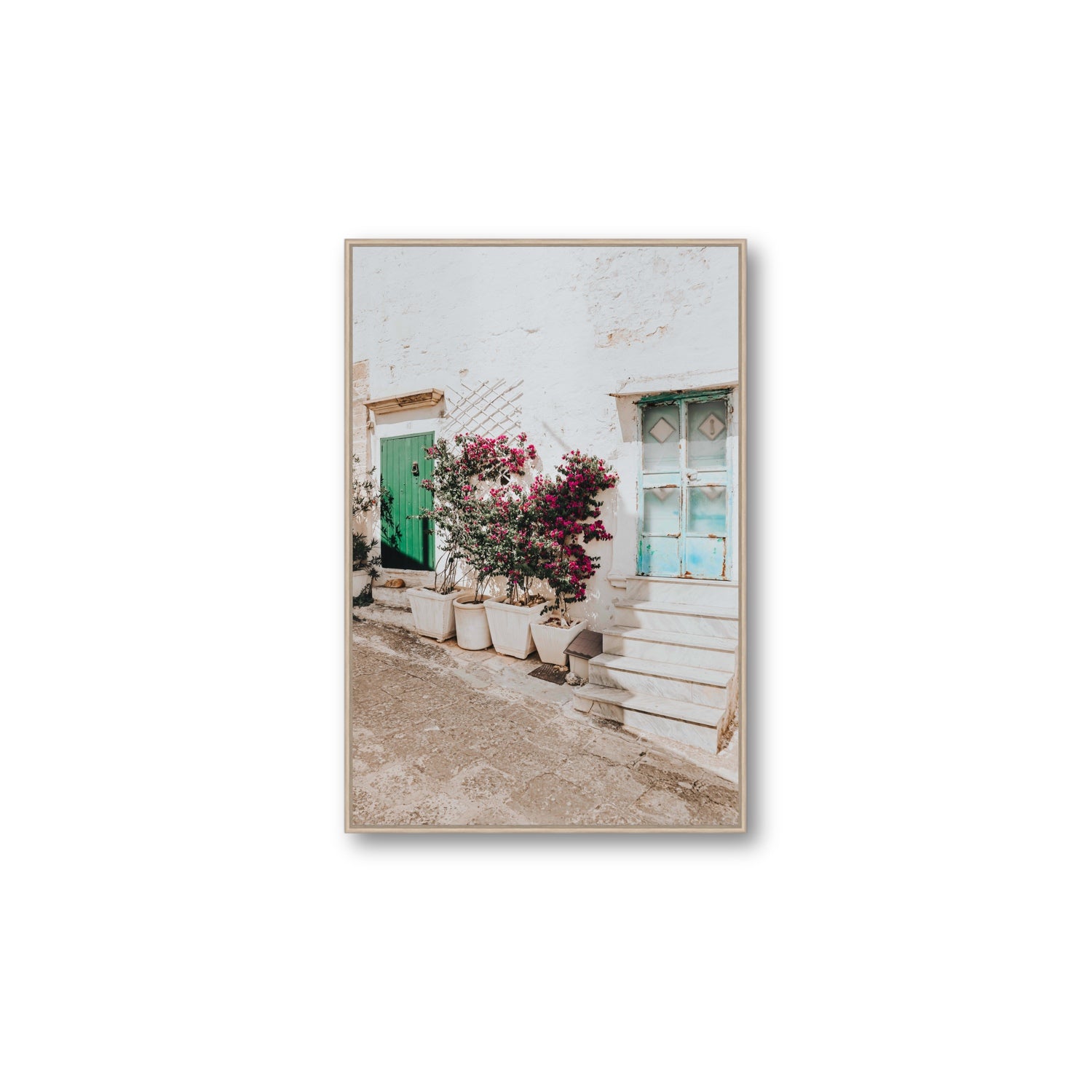 Floral Canvas Puglia Ostuni wall art Large fine art canvas in natural oak float frame