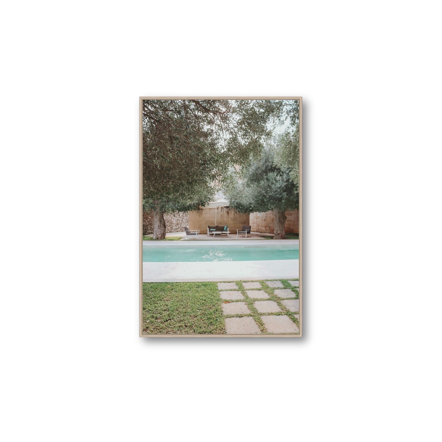 Idyllic Escape Puglia Mediterranean wall art Large fine art canvas in natural oak float frame