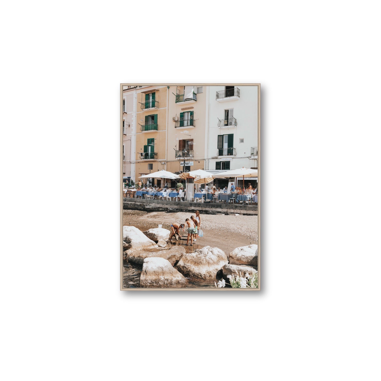 Sunny Playtime Sorrento coastal wall art Large fine art canvas in natural oak float frame