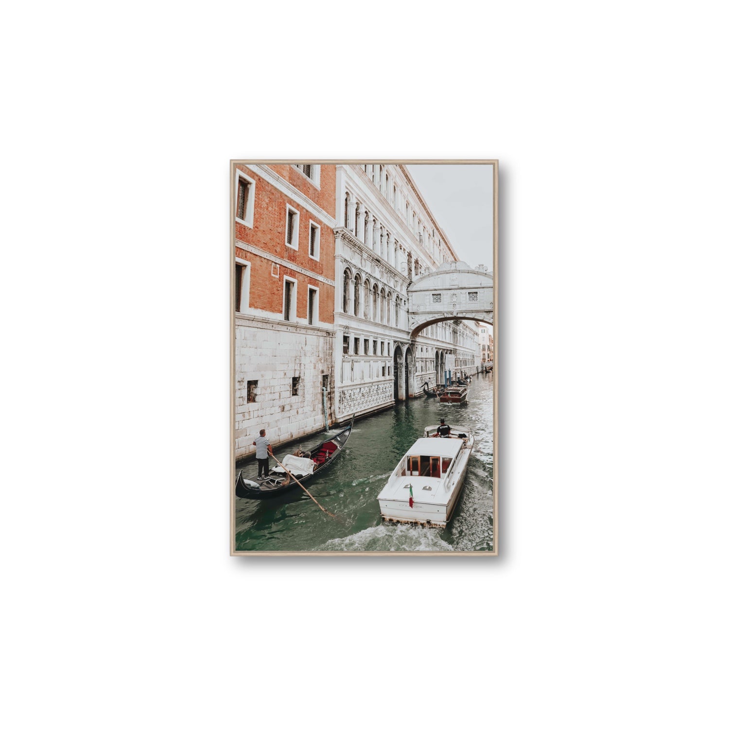 Under the Bridge Venice Gondola Italian wall art Large fine art canvas in natural oak float frame
